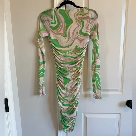 AFRM LOS ANGELES Gesine Long Sleeve Ruched Minidress in Green Swiss - Picture 5 of 11